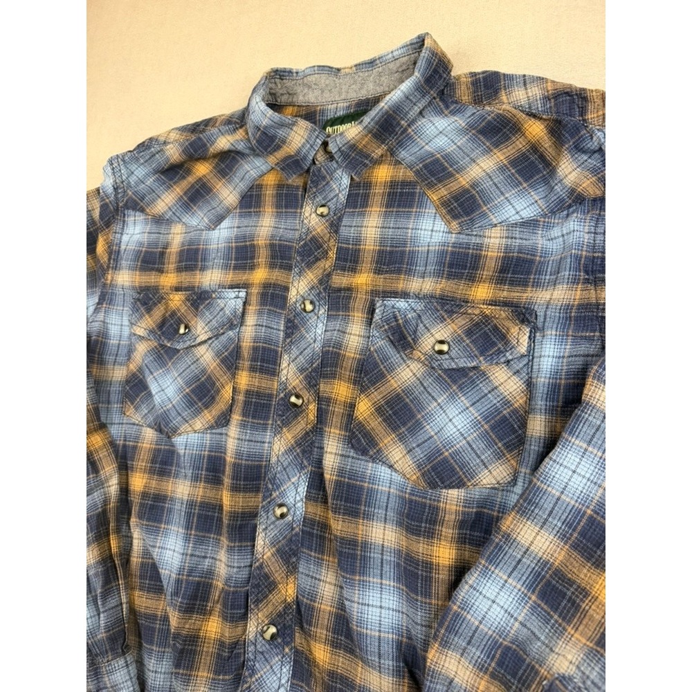 Outdoor Life Mens Blue Orange Plaid Pearl Snap Western Flannel Shirt Large
